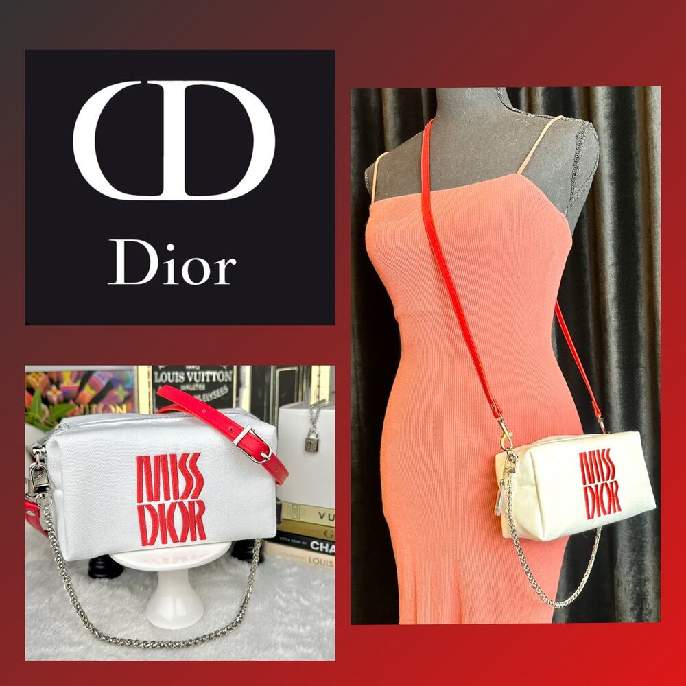 MISS DIOR Beauty line canvas crossbody bag with strap and chain. NEW